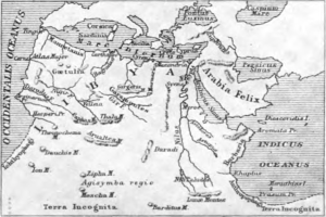 Eine Karte des Nahen Ostens, die das Ausmaß des Persischen Reichs zeigt, begleitet von beschreibendem Text.