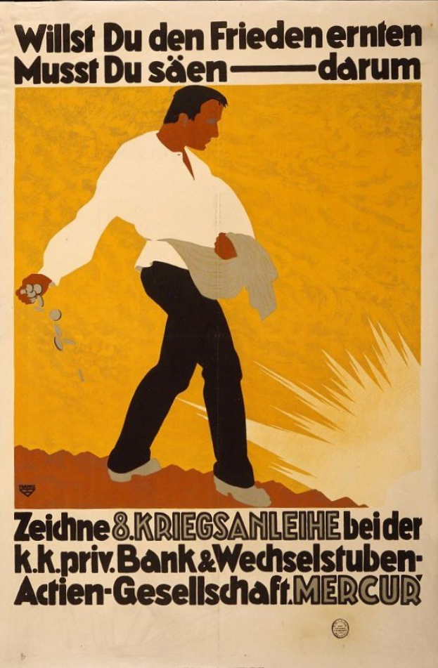 Deutsches Propagandaplakat für die Bank von Deutschland mit einem Mann in einem weißen Hemd und schwarzen Hosen, mit Text, der Bankinformationen enthält.