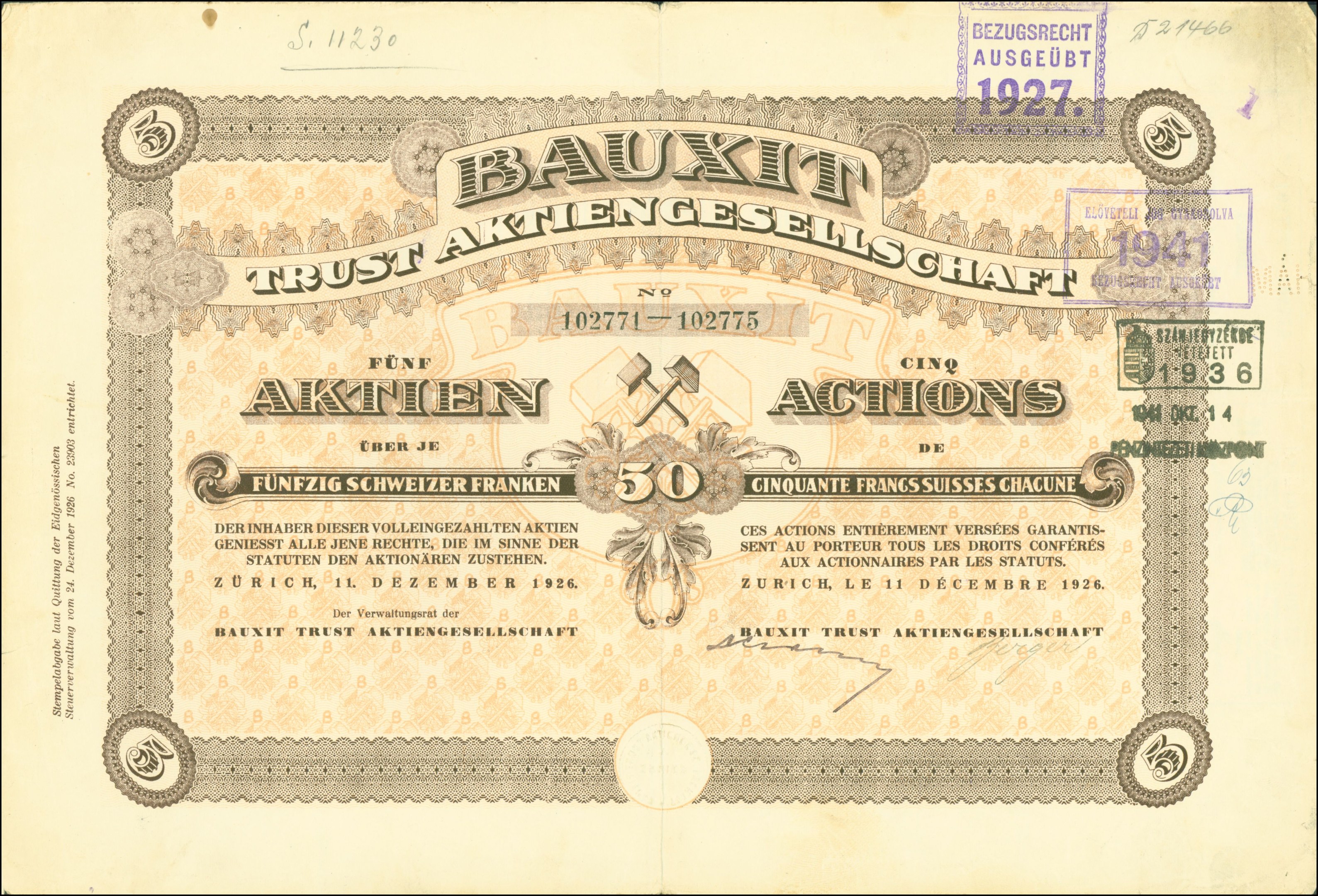 Ein altes deutsches Banknoten mit schwarzem Hintergrund, das das Porträt eines Mannes, den Text "Bauxit Trust Aktiengesellschaft" und einen Stempel auf der rechten Seite zeigt.