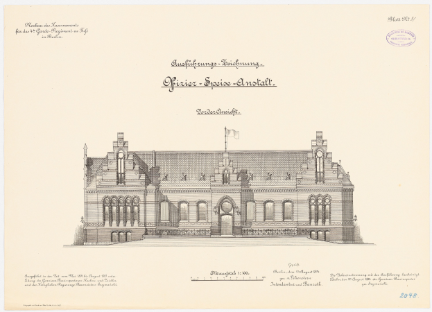 Eine Zeichnung des Hauptsaals des Deutschen Parlaments in Berlin mit einer Flagge darauf, begleitet von Text auf dem Papier.