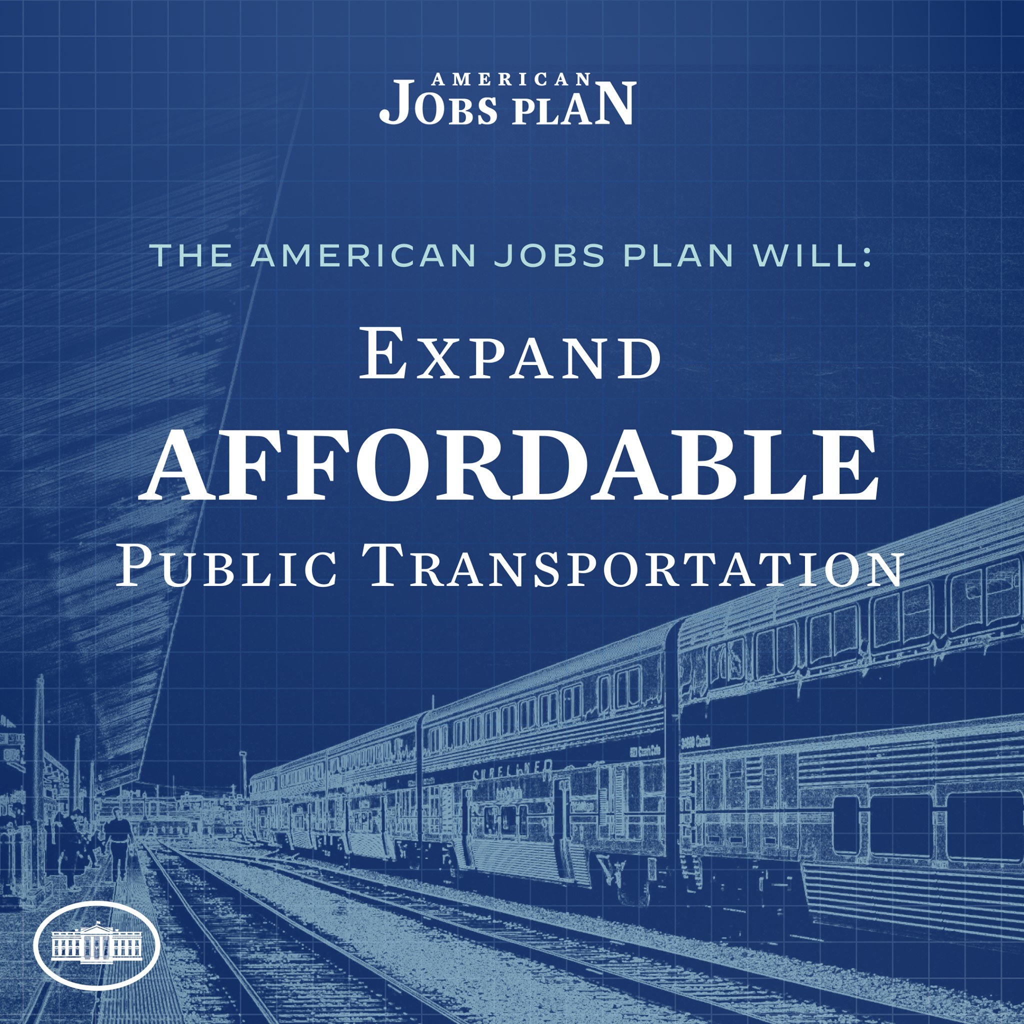 Plakat mit einem Zug auf den Schienen mit mehreren Menschen in der Nähe, das "The American Jobs Plan Will Expand Affordable Public Transportation" bewirbt.