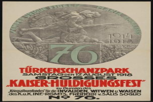Plakat zum 70. Jahrestag des Kaiser-Huldigungsfestes in Berlin, Deutschland, das eine Gruppe von Menschen in der Mitte mit umgebenem Text und Zahlen zeigt, in einem Foto Rahmen.