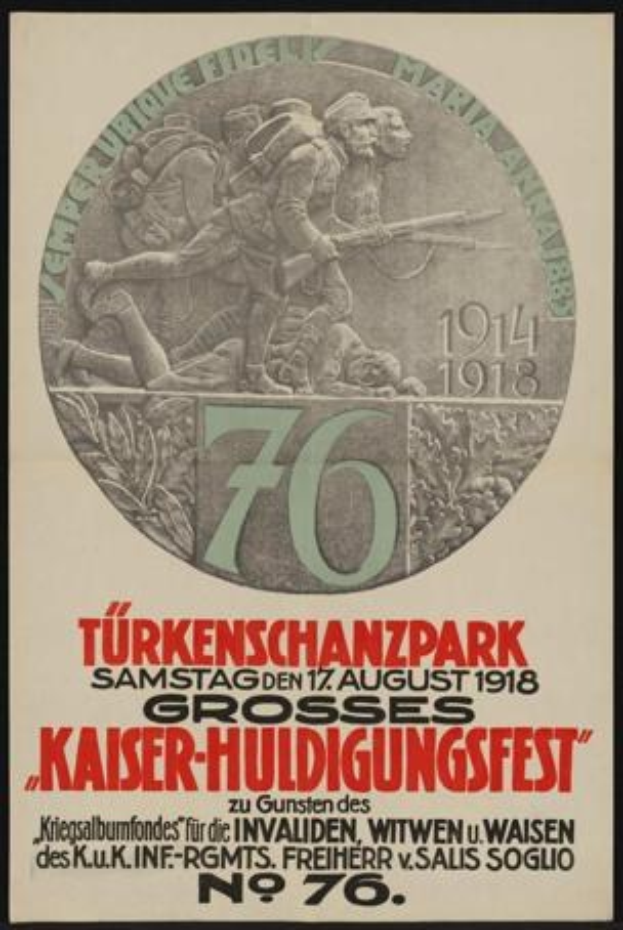 Plakat zum 70. Jahrestag des Kaiser-Huldigungsfestes in Berlin, Deutschland, das eine Gruppe von Menschen in der Mitte mit umgebenem Text und Zahlen zeigt, in einem Foto Rahmen.
