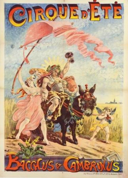 Vintage-Zirkusposter mit dem Titel "Cirque d'Ete Bacchus & Cambrinus", das farbenfrohe Illustrationen von Menschen, Tieren und Pflanzen zeigt.