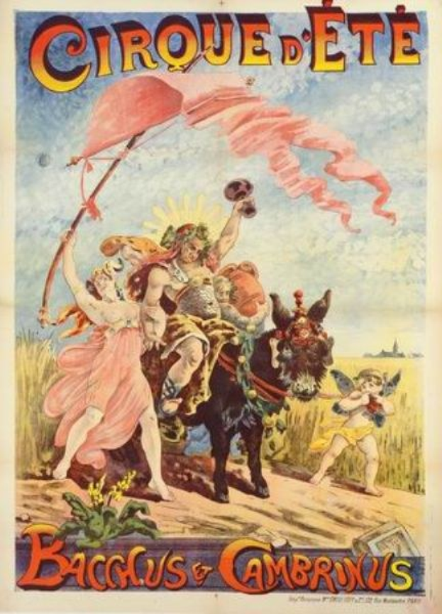 Vintage-Zirkusposter mit dem Titel "Cirque d'Ete Bacchus & Cambrinus", das farbenfrohe Illustrationen von Menschen, Tieren und Pflanzen zeigt.