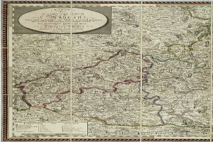 Alte Karte des Königreichs Bayern, Deutschland, gerahmt mit einem Rand und Text, mit Provinzen von Deutschland und Österreich im Hintergrund.
