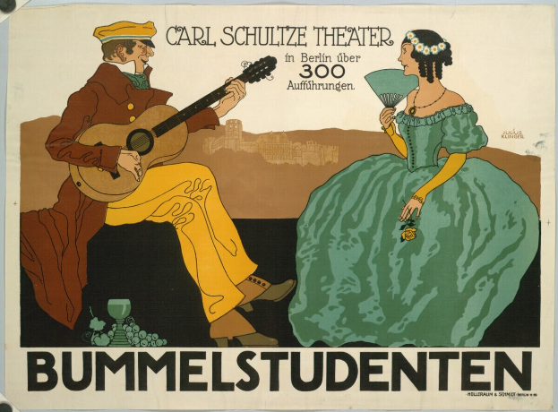 Ein Plakat mit einem Mann, der eine Gitarre spielt, und einer Frau, die einen Fächer hält, bewirbt ein Konzert im Carl-Schulze-Theater in Berlin, Deutschland.