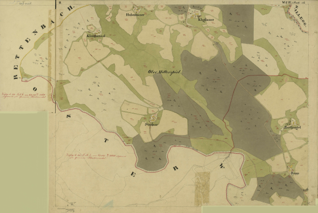Alte Karte von Stuttgart, Deutschland, mit Stadtgrenzen, Straßen, Gebäuden und markanten Punkten.