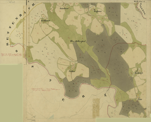 Alte Karte von Stuttgart, Deutschland, mit Stadtgrenzen, Straßen, Gebäuden und markanten Punkten.