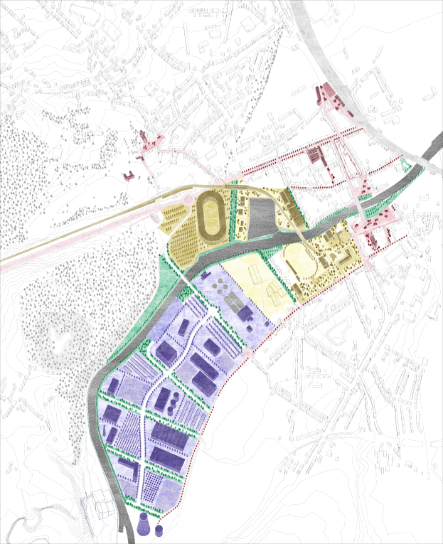 Eine Karte einer Stadt mit verschiedenen farbigen Bereichen, beschriftet mit "Vorgeschlagener Stadtplan für die neue Stadt London" oben und unten.