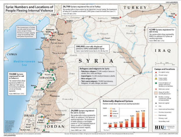 Plakat mit einer Syrienkarte, die die Zahl der Menschen hervorhebt, die vor innerer Gewalt fliehen, sowie begleitenden Text und Grafiken zum Konflikt.