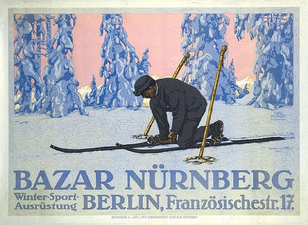 Ein Plakat für den Bazar Nürnberg Winter Sport in Berlin, Deutschland, das eine Person auf Skiern mit Ski-Stöcken und einem Hintergrund aus Bäumen zeigt, sowie Text, der das Ereignis beschreibt.