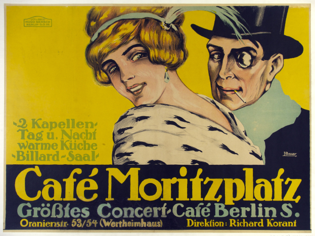 Ein Plakat für das Cafe Moritzplatz in Berlin, das einen Mann und eine Frau zeigt, mit Text, der ein Ereignis beschreibt.