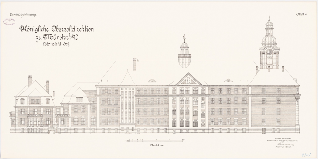 Detailiertes architektonischesBlueprint-Zeichnung des Schlosshof in München, Deutschland, mit einem markanten Uhrenturm mit detaillierten Fenstern, Türen und Zifferblatt.