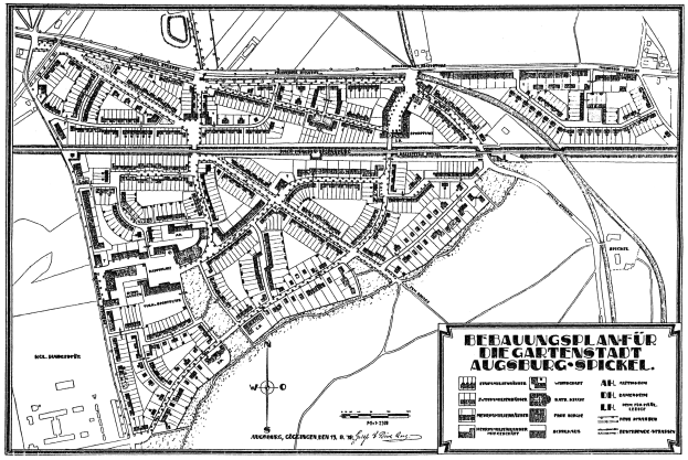 Eine Schwarz-Weiß-Karte von Augsburg, Deutschland, die Straßen, Gebäude und Sehenswürdigkeiten zeigt.
