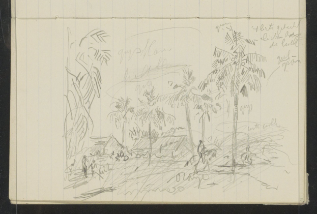 Ein offenes Skizzenbuch zeigt eine Zeichnung einer Gruppe von Menschen, die in einem üppigen, grünen Dschungel mit hohen Bäumen, einem tiefblauen Himmel mit vereinzelten weißen Wolken und einer strahlenden Sonne stehen.