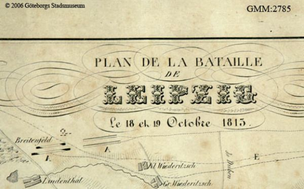 Ein detaillierter alter Plan der Schlacht von Leipzig, der verschiedene Kämpfe zeigt und mit Text über das Datum, die Uhrzeit und den Ort annotiert ist.
