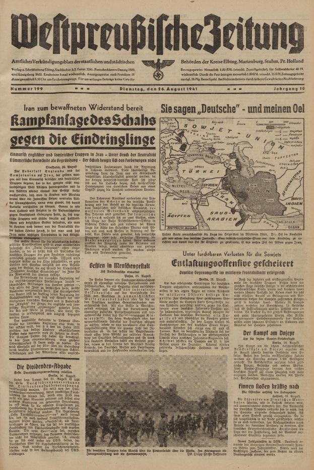 Eine alte Zeitung mit einem Bild einer Gruppe von Menschen, datiert auf den 6. August 1941, mit der Schlagzeile "Weltpreußische Zeitung" und einer Karte von Deutschland im Hintergrund.