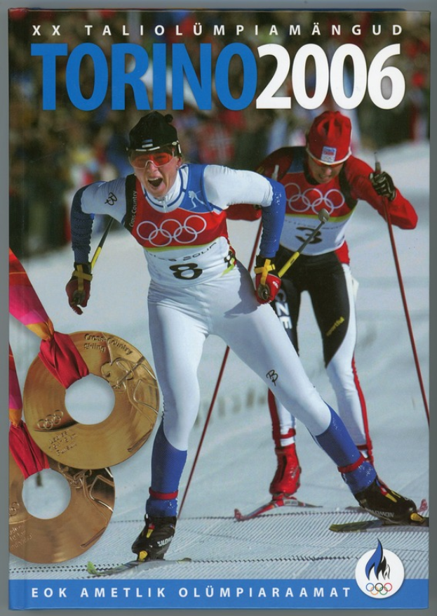 Plakat der Olympischen Spiele 2006 in Turin, Italien, mit zwei Skifahrern auf Schnee und der Aufschrift "Turin 2006".