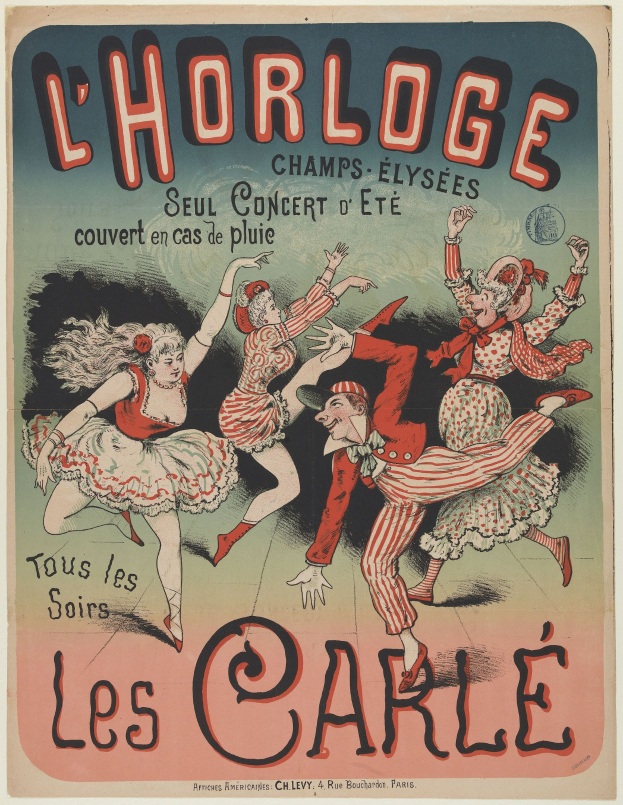 Ein farbenfrohes Konzertplakat für ein Event im Chorlage in Paris, Frankreich, das eine Gruppe fröhlicher Menschen in bunten Kostümen vor einem hellgelben Hintergrund mit fetter Schrift zeigt.