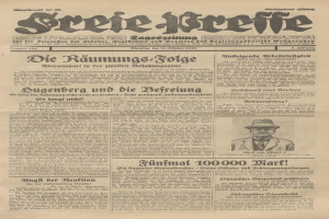 Alte deutsche Zeitung vom 29. September 1929 mit einem Mann im Anzug und Krawatte mit ernstem Gesichtsausdruck auf der Titelseite, die überschrift lautet "Sugenberg und die Defreiung".