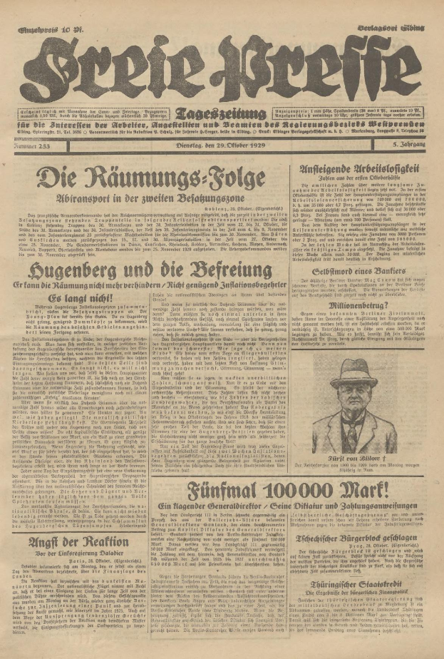 Alte deutsche Zeitung vom 29. September 1929 mit einem Mann im Anzug und Krawatte mit ernstem Gesichtsausdruck auf der Titelseite, die überschrift lautet "Sugenberg und die Defreiung".