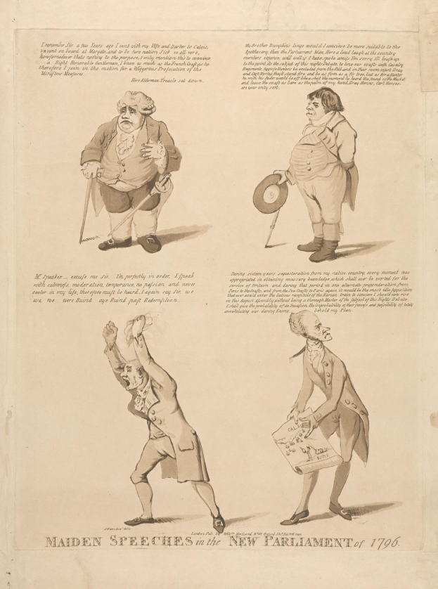 Eine Buchseite, die einen Mann in einem Anzug und eine Frau in einem Kleid zeigt, die Reden halten, mit dem Text "Jungfernreden in der neuen Parlamentssitzung von 1796".