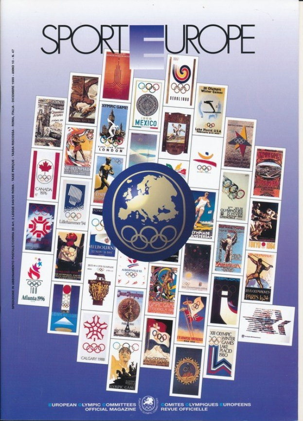 Ein Buchumschlag mit dem Titel "Sport in Europa", der farbenfrohe Bilder und Texte zum Thema Olympische Spiele in Europa zeigt, mit markanter weißer Schrift auf einem bunten, detailreichen Design.