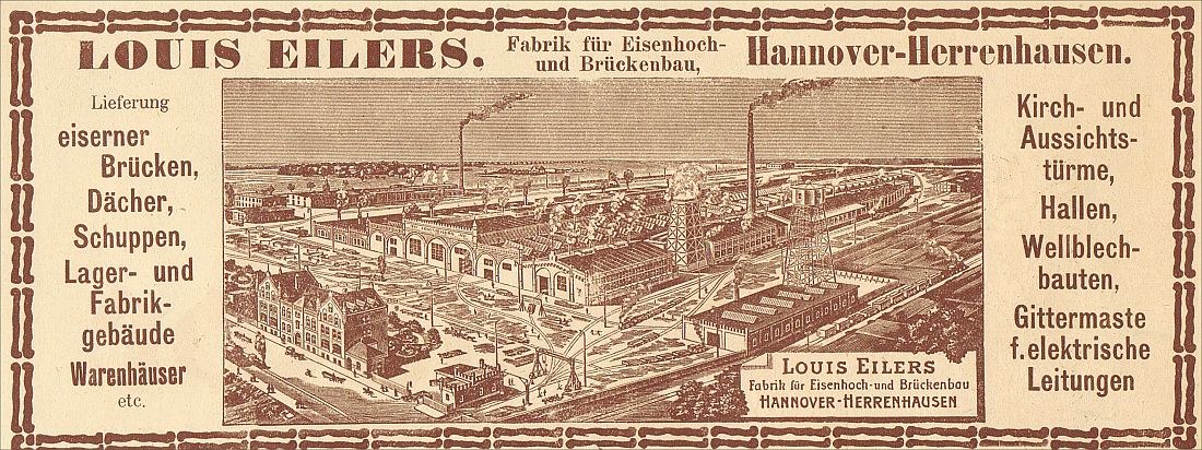 Schwarze und weiße Anzeige für die Louis Eilers Hannover-Herrenhausen-Fabrik, die das Fabrikgebäude mit begleitendem Text zeigt.