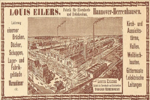 Schwarze und weiße Anzeige für die Louis Eilers Hannover-Herrenhausen-Fabrik, die das Fabrikgebäude mit begleitendem Text zeigt.