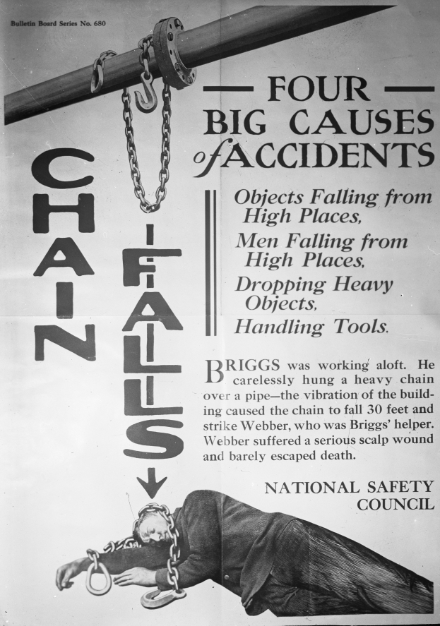 Ein schwarz-weißes Plakat mit einer Person auf einem Pfahl mit Ketten, betitelt mit "Vier große Unfallursachen".