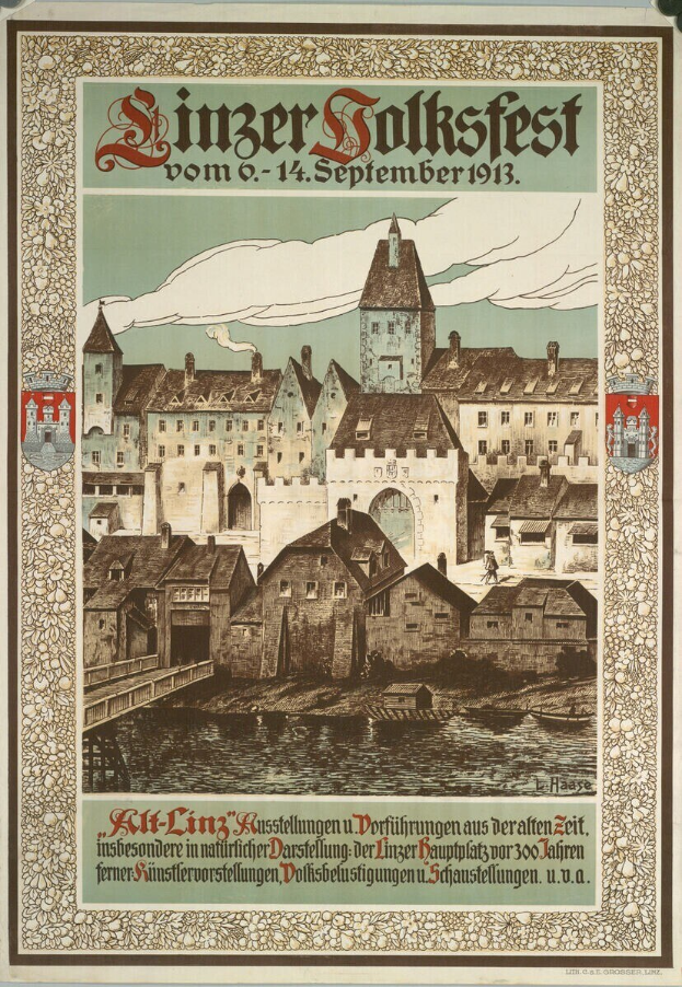 Plakat, das ein Festival in Deutschland mit einer Illustration einer Burg umgeben von H├Ąusern und Text mit Festivalinformationen ankündigt.