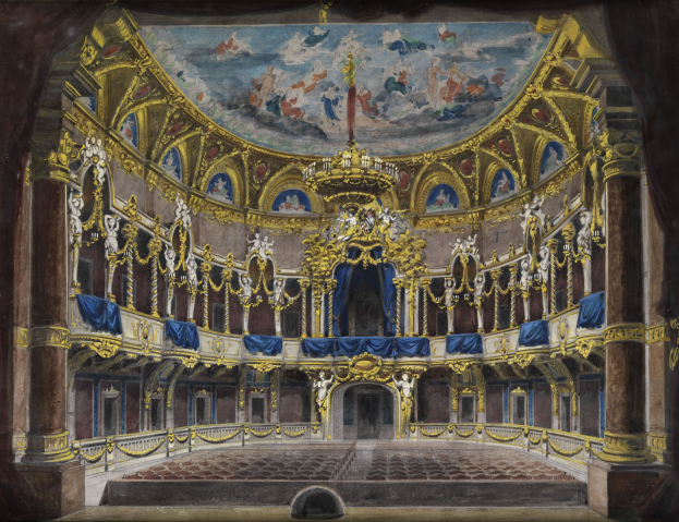 Ein Bild eines prunkvollen Theatersaals mit detaillierten Deckenentwürfen, geschnitzten Säulen, Geländern, Vorhängen und einem Teppichboden, gekrönt von einem zusätzlichen Bild.