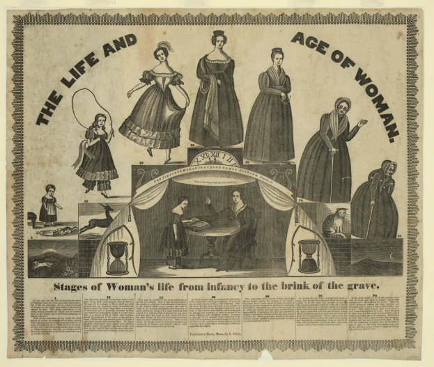 Eine farbenfrohe Papierreproduktion, die die Lebensphasen von Frauen von der Kindheit bis ins hohe Alter zeigt, mit kräftiger Schrift und detaillierten Elementen.