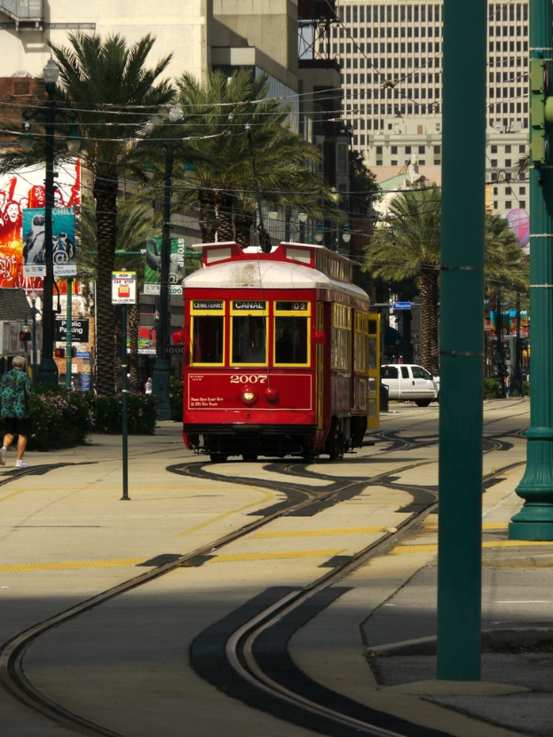Ein Bus steht auf einer Straße mit einem Auto, Bäumen, Gebäuden, Polen und Brettern im Hintergrund.
