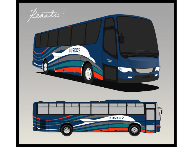 Zwei animierte Busse sind übereinander dargestellt, mit Text an der oberen linken Seite.