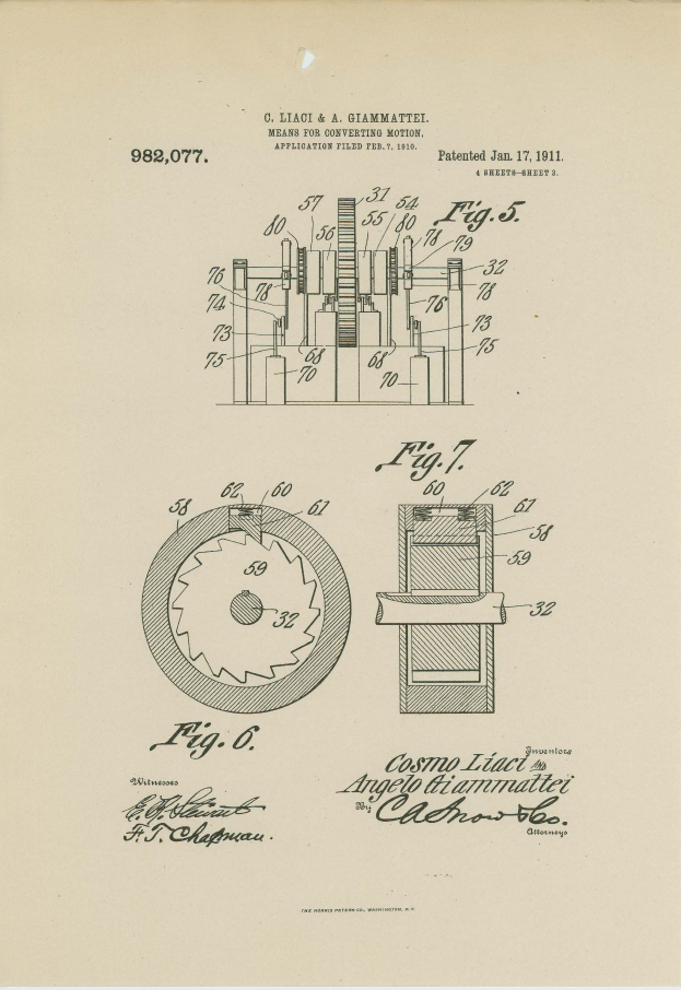 Ein detailliertes Maschinenzeichnung mit Zahnrädern, Zylindern und anderen mechanischen Bauteilen, beschriftet mit "Cosmo Liact Patent 982,077" auf einer Buchseite.