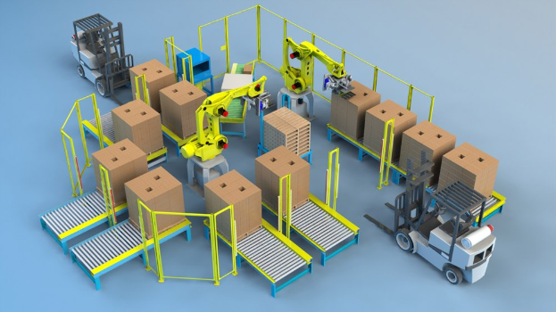 Gruppe automatisierter Roboter, die auf einem Förderband in einem Lager arbeiten und Kartons handhaben, mit sichtbaren Fahrzeugen auf dem Boden.