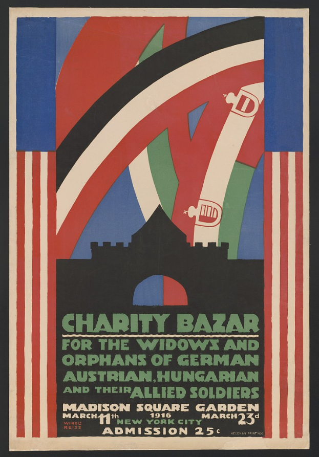 Charity-Bazaar-Plakat für Witwen und Waisen deutscher, australischer, ungarischer und alliierter Soldaten mit Veranstaltungsdetails.