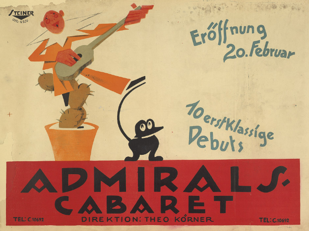 Ein Vintage-Plakat f√ľr das Admiral's Cabaret in Berlin, Deutschland, mit einem Cartoon-Mann in einem wei√üen Hemd und einem schwarzen Hut, der eine Gitarre spielt, mit der Aufschrift «Admiral's Cabaret» in fetter schwarzer Schrift auf einem hellgelben Hintergrund.