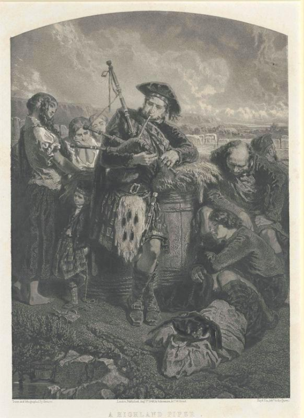 Schwarze und weiße Gravur eines Mannes, der vor einem Publikum eine Dudelsack spielt, unter einem bewölkten Himmel, mit der Aufschrift "Ein Highland-Pfeifer" unten.