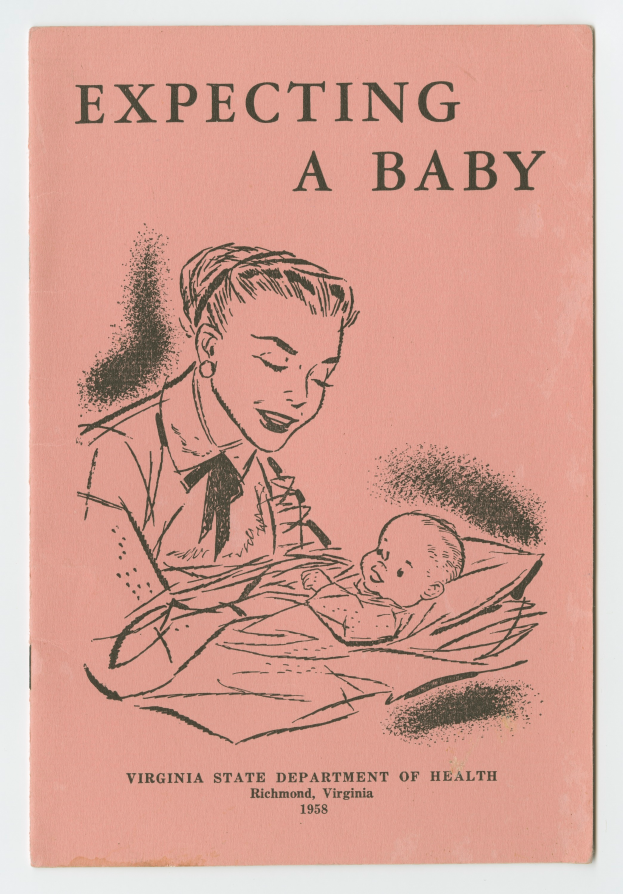 Ein Buchumschlag mit einer Frau, die ein Baby hält, beide mit zufriedenen Gesichtern, mit der Aufschrift 'Erwarten ein Baby'.