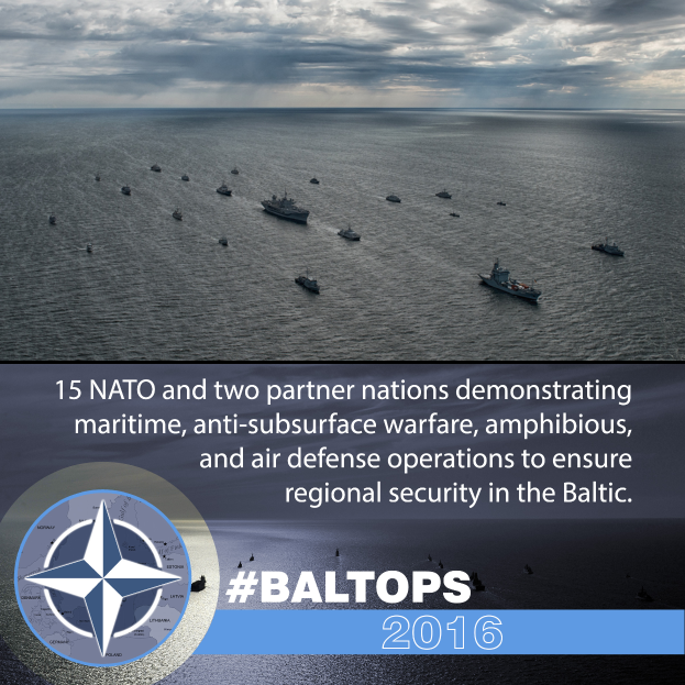 Eine Gruppe von Schiffen auf dem Wasser mit einem bewölkten Himmel im Hintergrund und Text unten, der "15 NATO und zwei Partnerländer maritime, anti-unterwasserkriegsführende, amphibische und Luftverteidigung Operationen durchführen, um die regionale Sicherheit im Baltikum zu gewährleisten" neben einem Logo anzeigt.