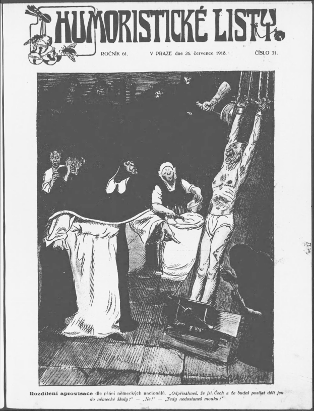 Ein schwarz-weißes Plakat mit der Aufschrift 'Humoristické Listy, Vol 1, No 1, Oktober 1918' und ein paar Menschen.