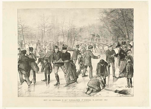 Eine Gruppe von Menschen, die auf einer Eisbahn in einem Park Schlittschuh läuft, mit Bäumen und einer Brücke im Hintergrund und einem Text unten, der 'Het us-vermaak in het vondelpark op zondag 10 januari 1887' lautet.