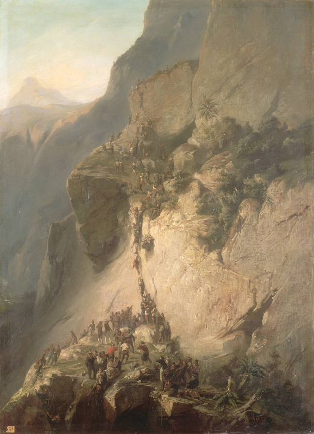 Gemälde namens "Der Aufstieg der Alpen" von Joseph Mallord William Turner, das eine Gruppe von Menschen bei der Besteigung eines felsigen Hangs mit Hügeln, Bäumen und Himmel im Hintergrund zeigt.