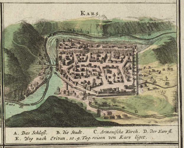 Alte Karte von Karlsruhe, Deutschland, die Gebäude, Bäume, Hügel und einen Fluss zeigt, mit Text auf einem Papier unten.