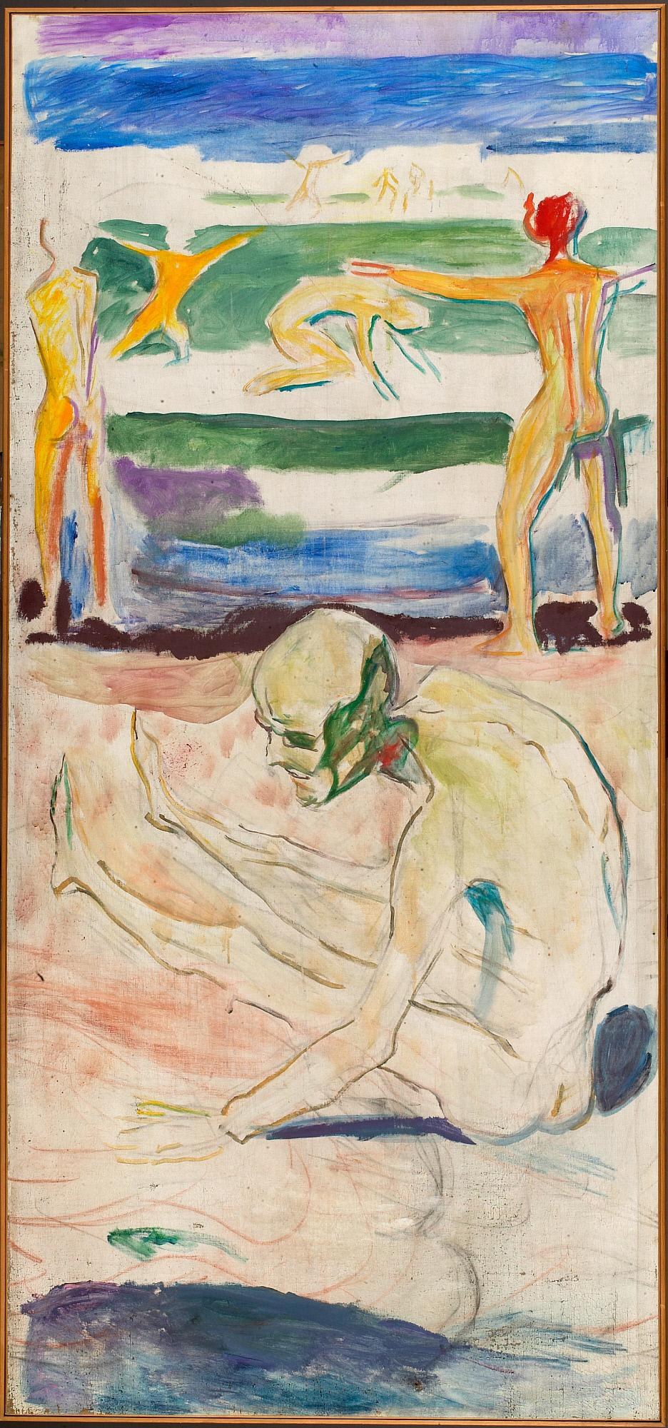 Gemälde mit dem Titel 'Untitled' von Edvard Munch, das einen Mann und eine Frau in entspannter Pose am Strand zeigt, gerahmt und mit gedämpften, erdigen Farben.