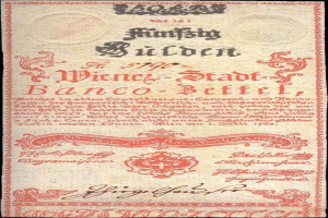 Alte deutsche Banknote aus Österreich, Nennwert 5 Pfennig, datiert auf 1892, mit rot-weißer Gestaltung auf schwarzem Hintergrund.