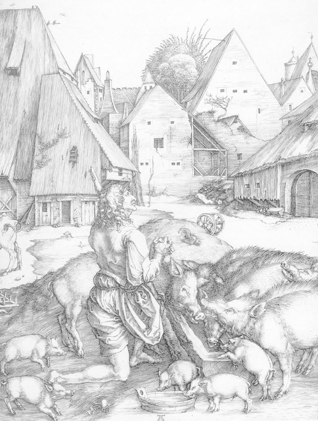 Eine 17. Jahrhundert Schwarzweiß-Radierung von Albrecht Dürer, die einen Mann zeigt, der Schweine in einem Dorf füttert, mit Häusern, Bäumen und einem Wagen im Hintergrund.